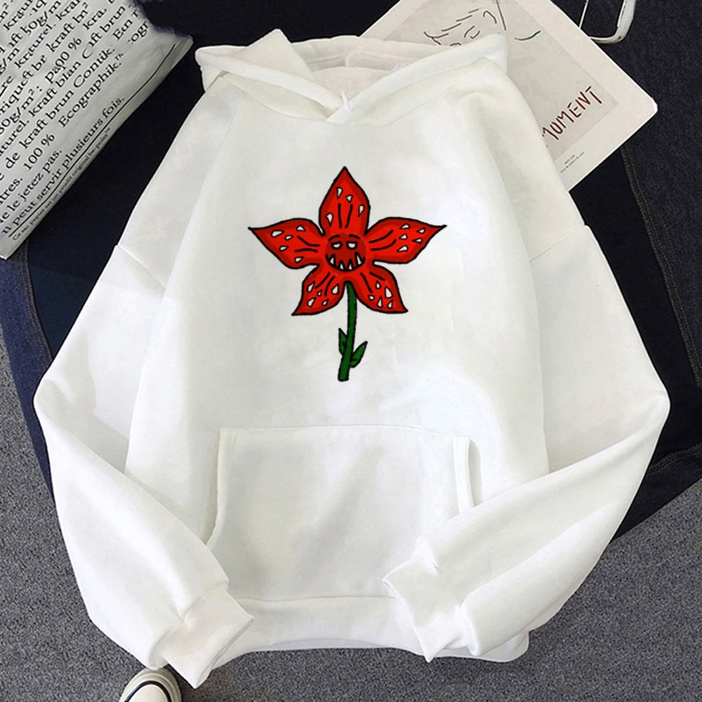Biała bluza z kapturem Stranger Things kwiat Demogorgona, nadruk z przodu