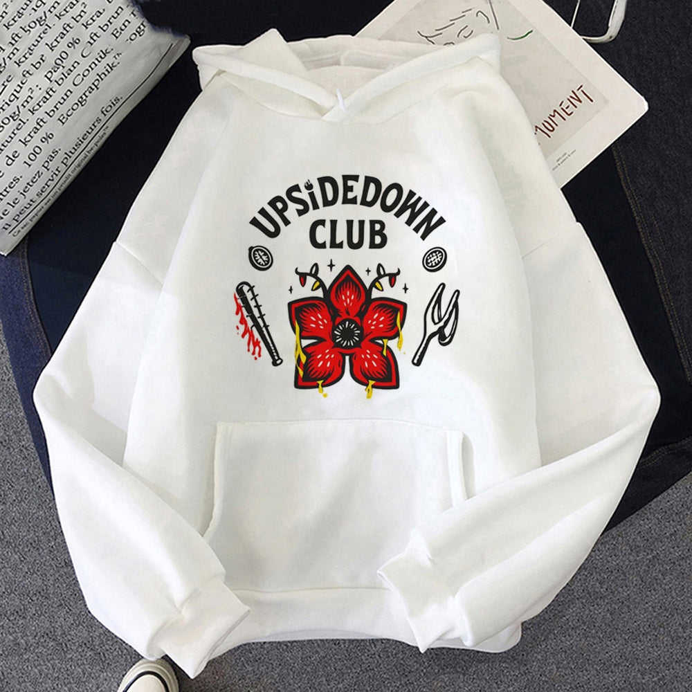 Biała bluza z kapturem Stranger Things Upside Down Club, nadruk z przodu