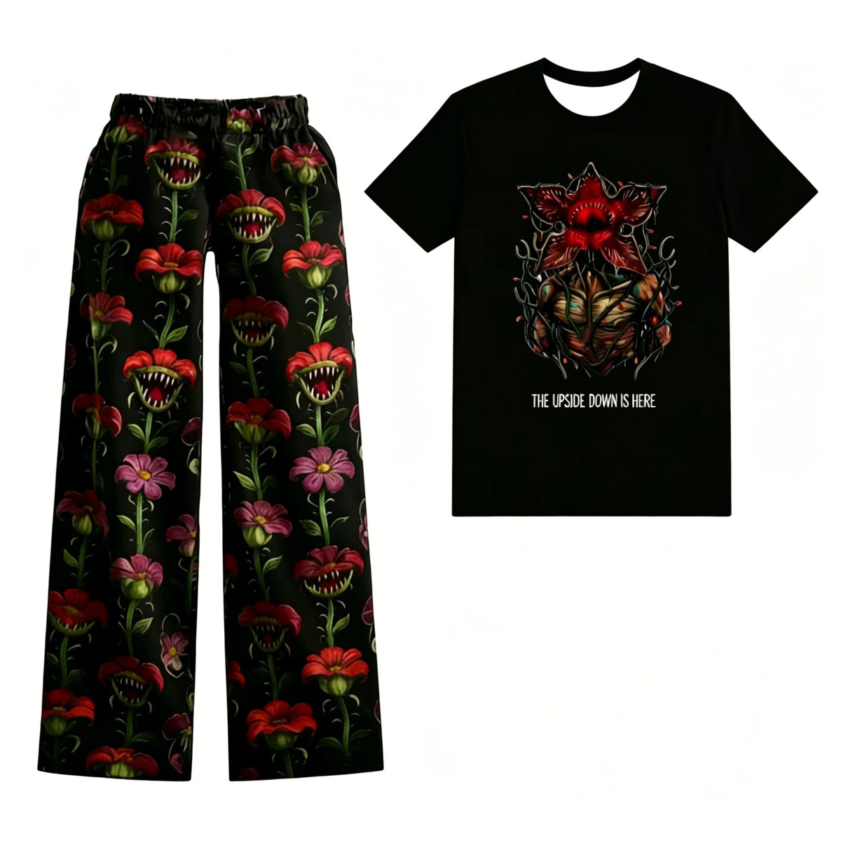 Damska piżama Stranger Things z czarnym T-shirtem z Demogorgonem z kwiatów i spodniami w mięsożerne kwiaty
