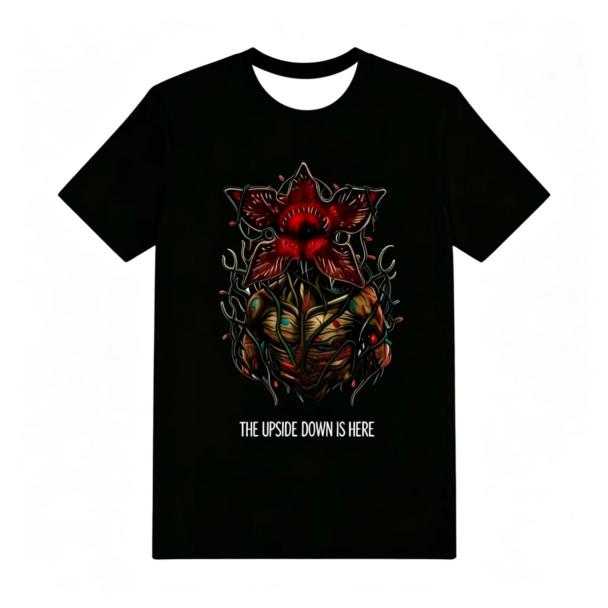Czarny T-shirt piżamy Stranger Things, Demogorgon z kwiatów i napis The Upside Down Is Here