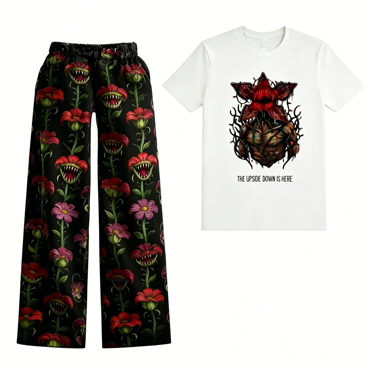 Damska piżama Stranger Things z białym T-shirtem z Demogorgonem z kwiatów i spodniami w mięsożerne kwiaty