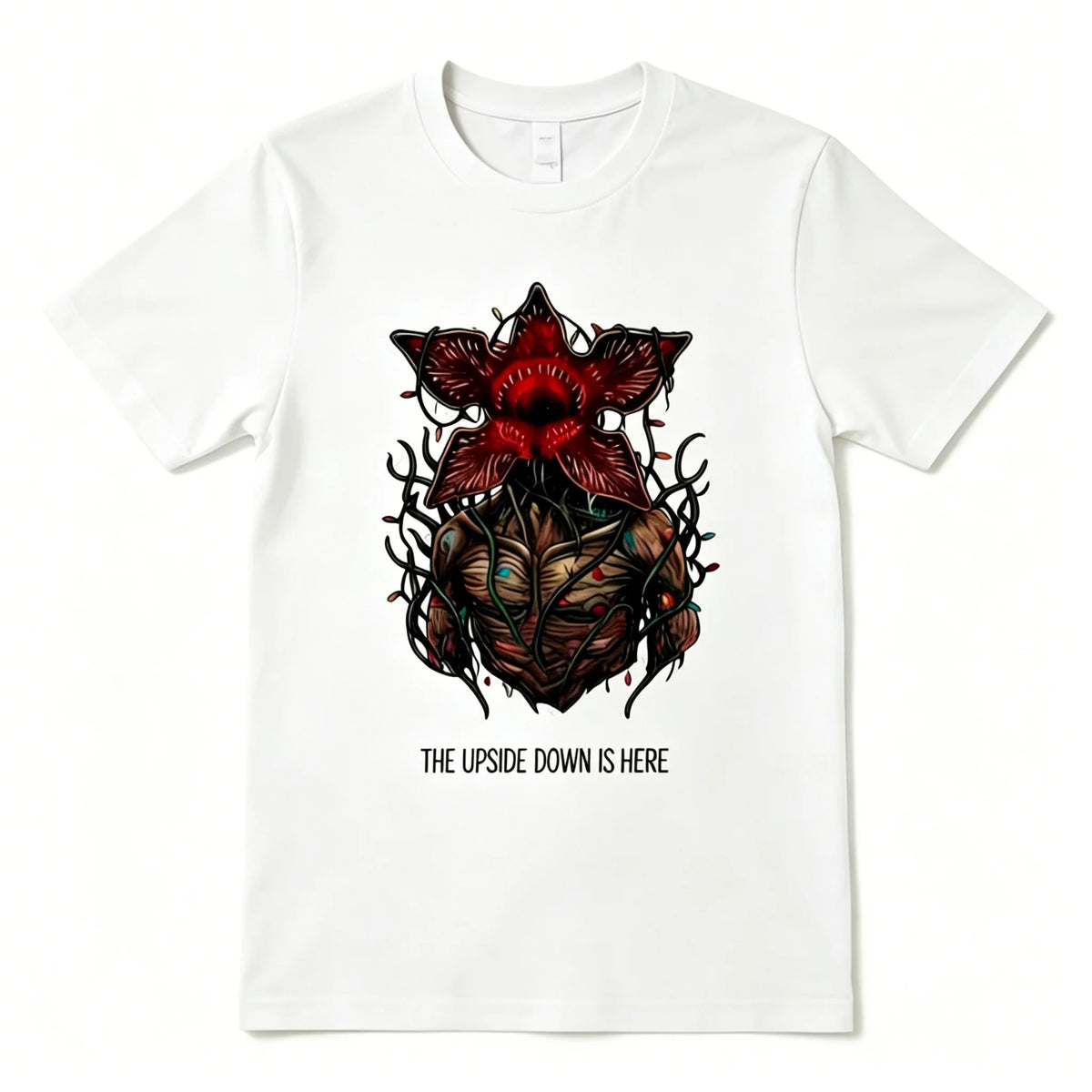 Biały T-shirt piżamy Stranger Things, Demogorgon z kwiatów i napis The Upside Down Is Here