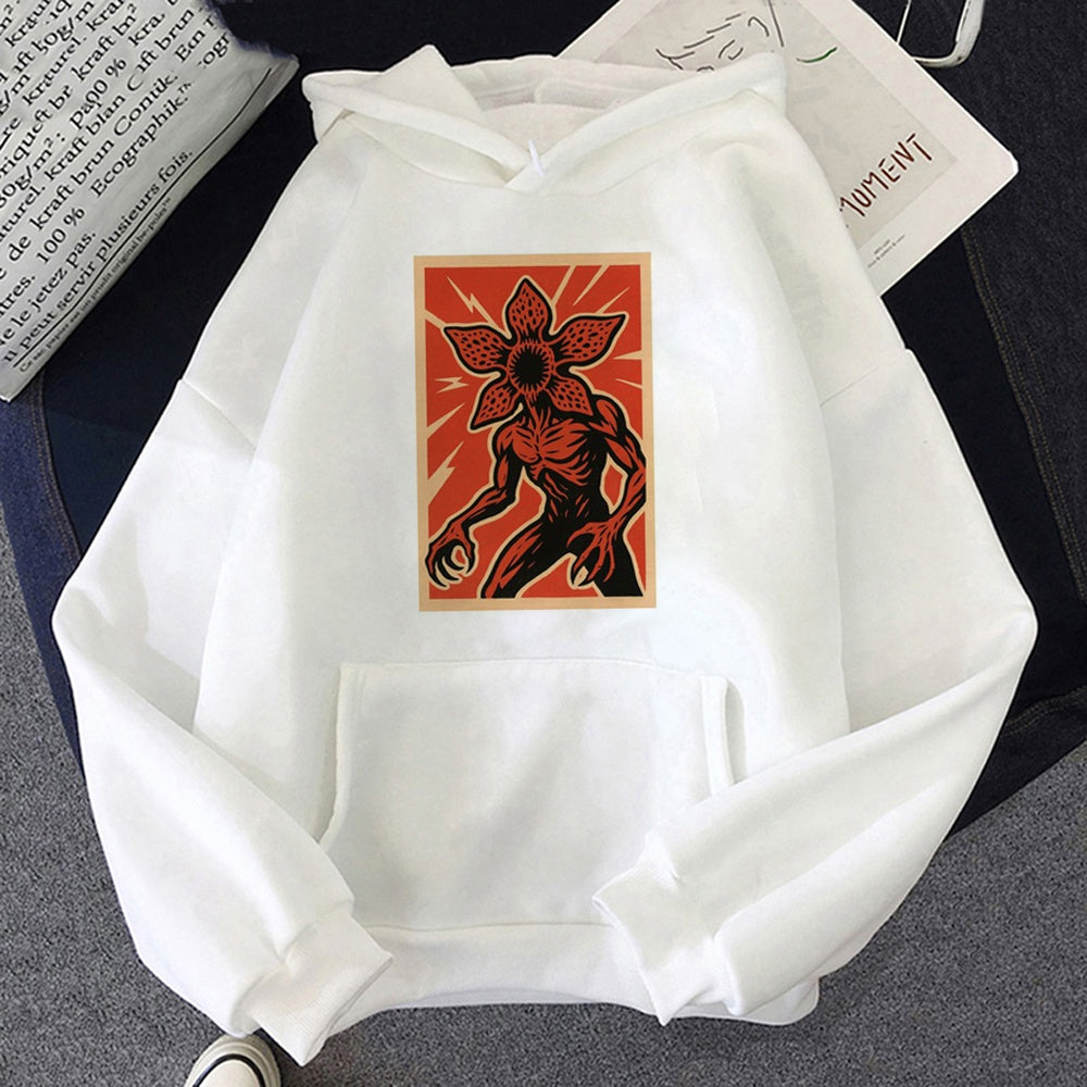 Biała bluza z kapturem Stranger Things plakat z Demogorgonem, nadruk z przodu