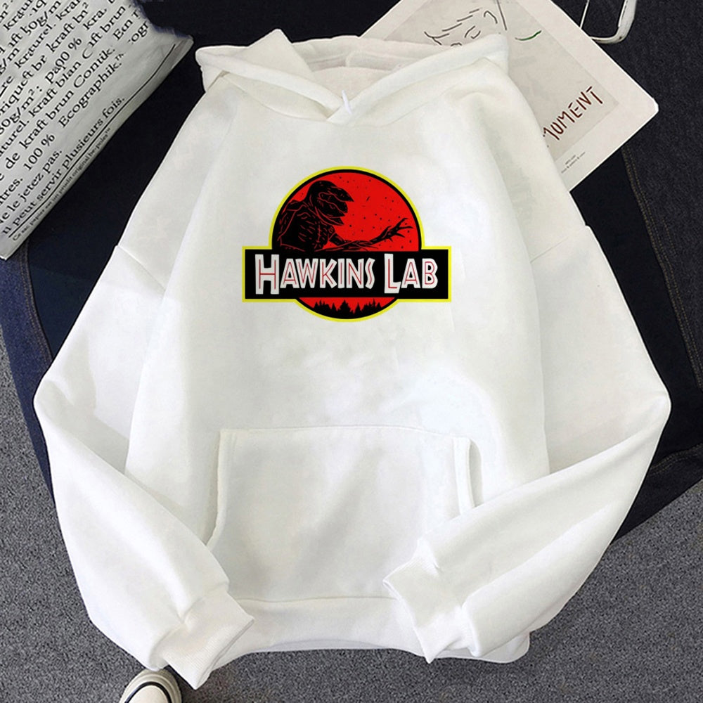 Biała bluza z kapturem Stranger Things Hawkins Lab, nadruk z przodu