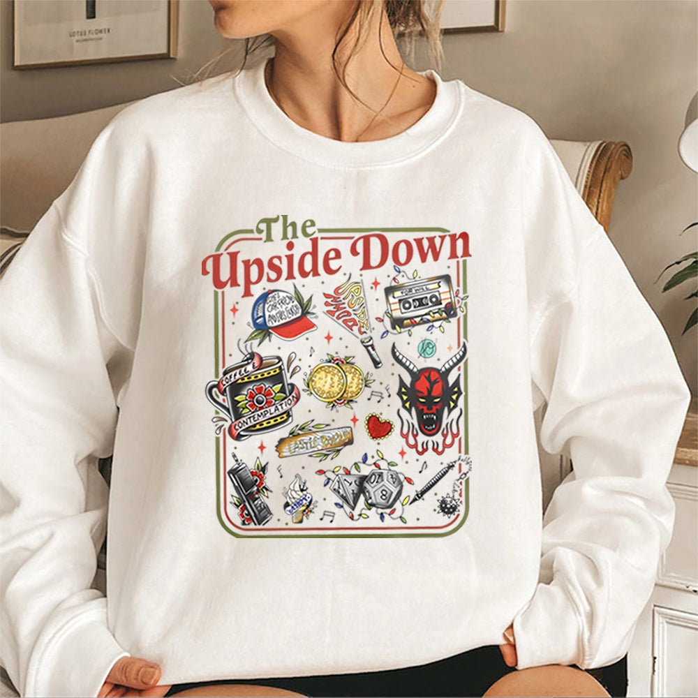 Bluza z okrągłym dekoltem Stranger Things The Upside Down kultowe przedmioty biały, przedmioty z serialu w stylu retro tatuażu z przodu