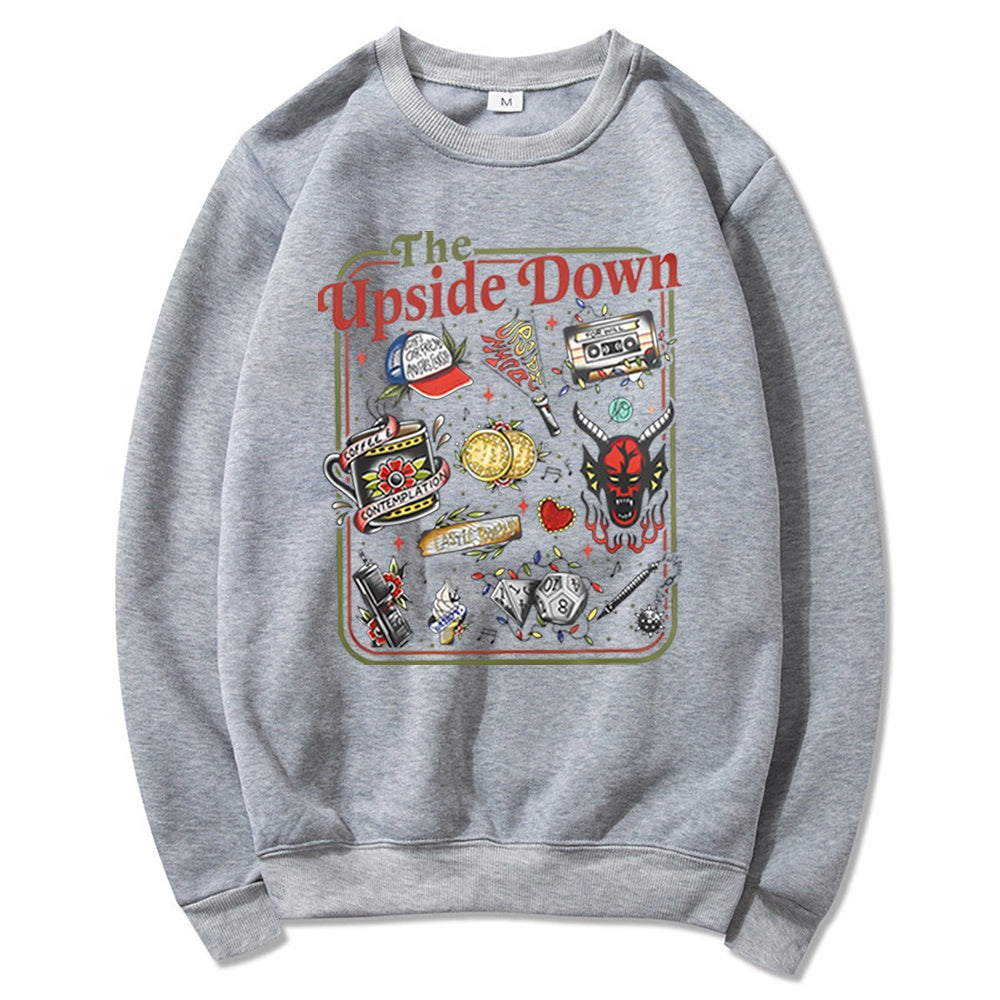 Bluza z okrągłym dekoltem Stranger Things The Upside Down kultowe przedmioty szary melanż, przedmioty z serialu w stylu retro tatuażu z przodu
