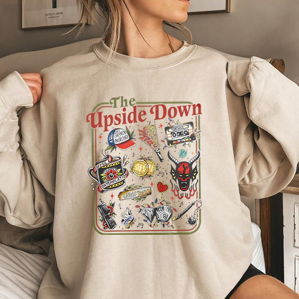 Bluza z okrągłym dekoltem Stranger Things The Upside Down kultowe przedmioty piaskowy, przedmioty z serialu w stylu retro tatuażu z przodu