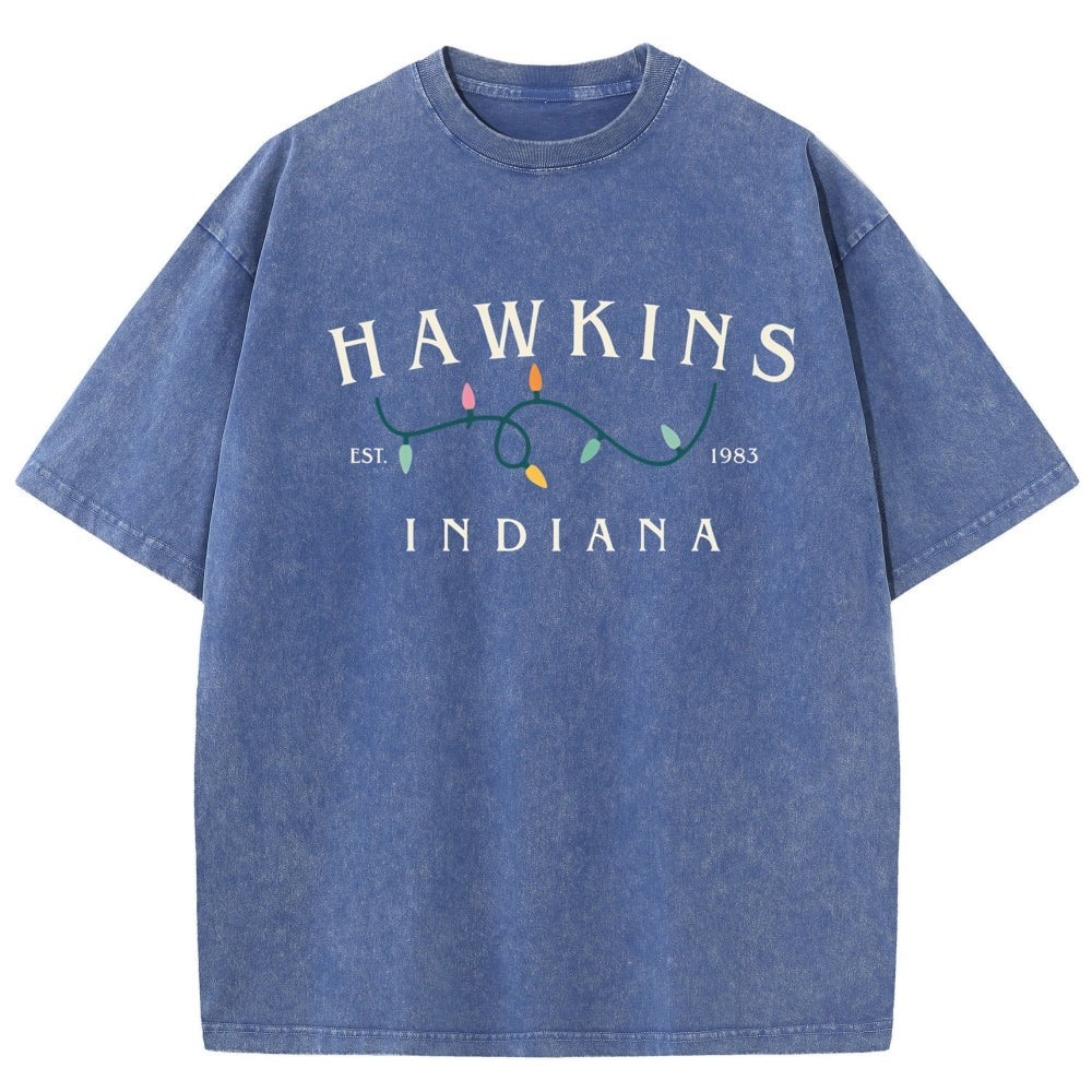 T-shirt męski sprany Stranger Things Hawkins Indiana lampki – kolor niebieski