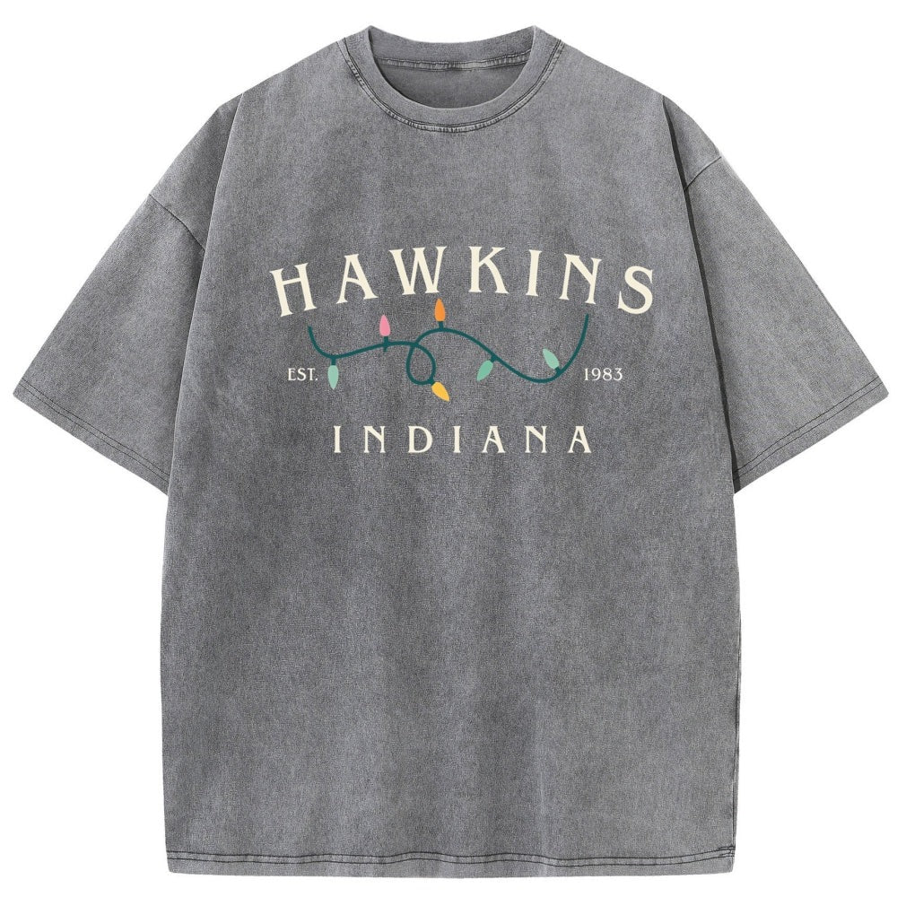 T-shirt męski sprany Stranger Things Hawkins Indiana lampki – kolor szary
