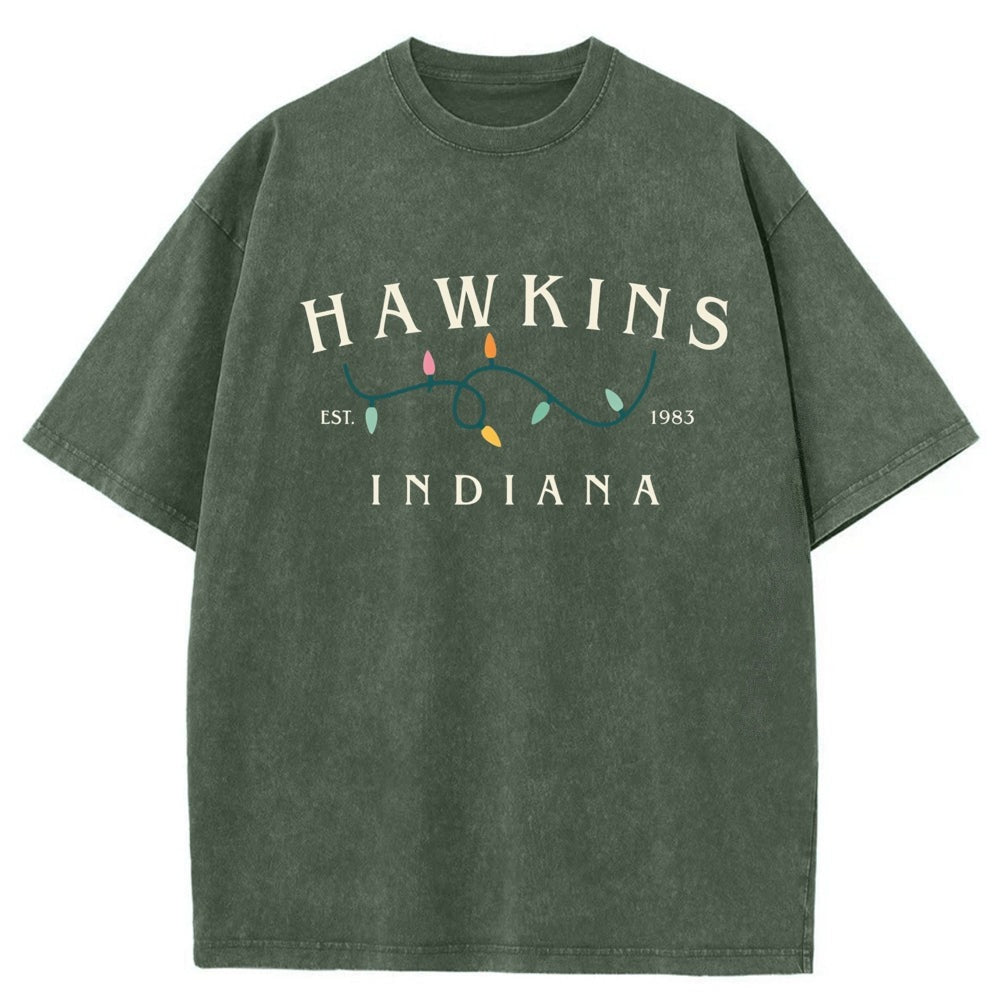 T-shirt męski sprany Stranger Things Hawkins Indiana lampki – kolor khaki