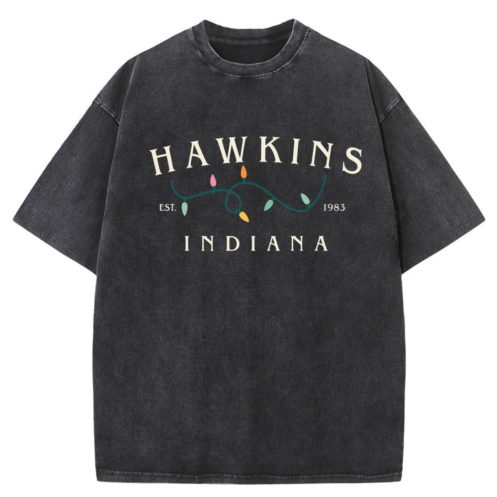 T-shirt męski sprany Stranger Things Hawkins Indiana lampki – kolor czarny
