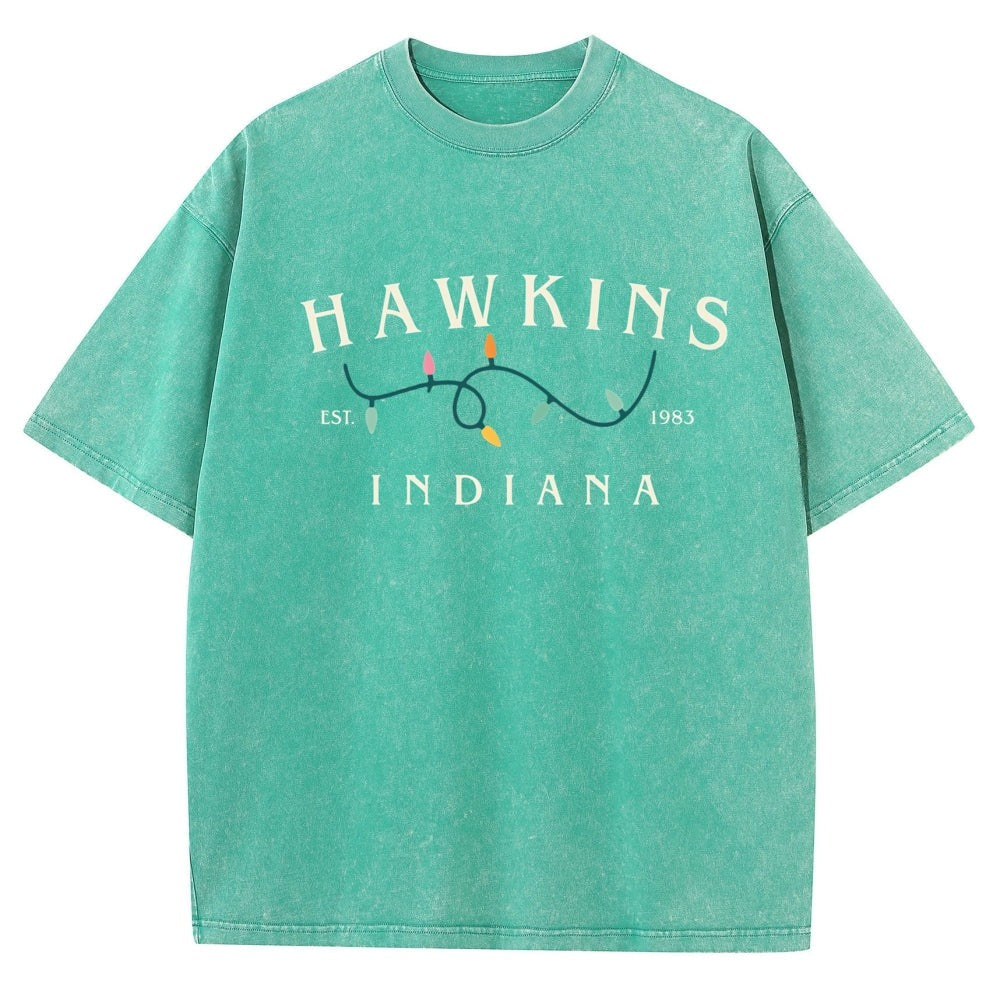 T-shirt męski sprany Stranger Things Hawkins Indiana lampki – kolor miętowy