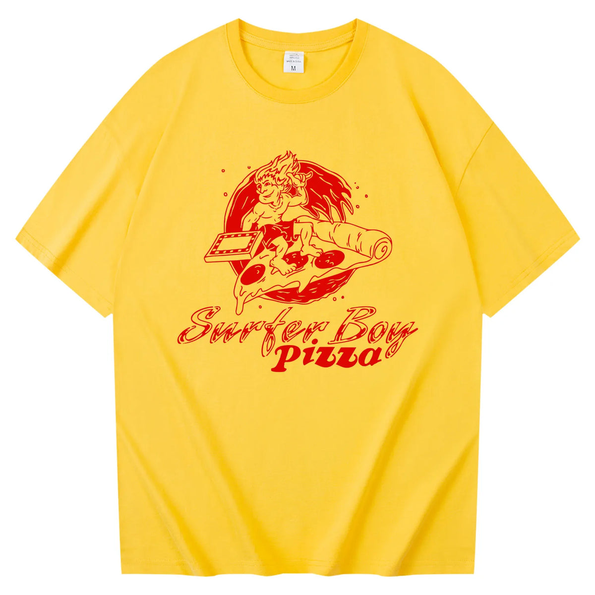 Żółta koszulka Surfer Boy Pizza Stranger Things, czerwone logo pizzerii Argyle'a z przodu