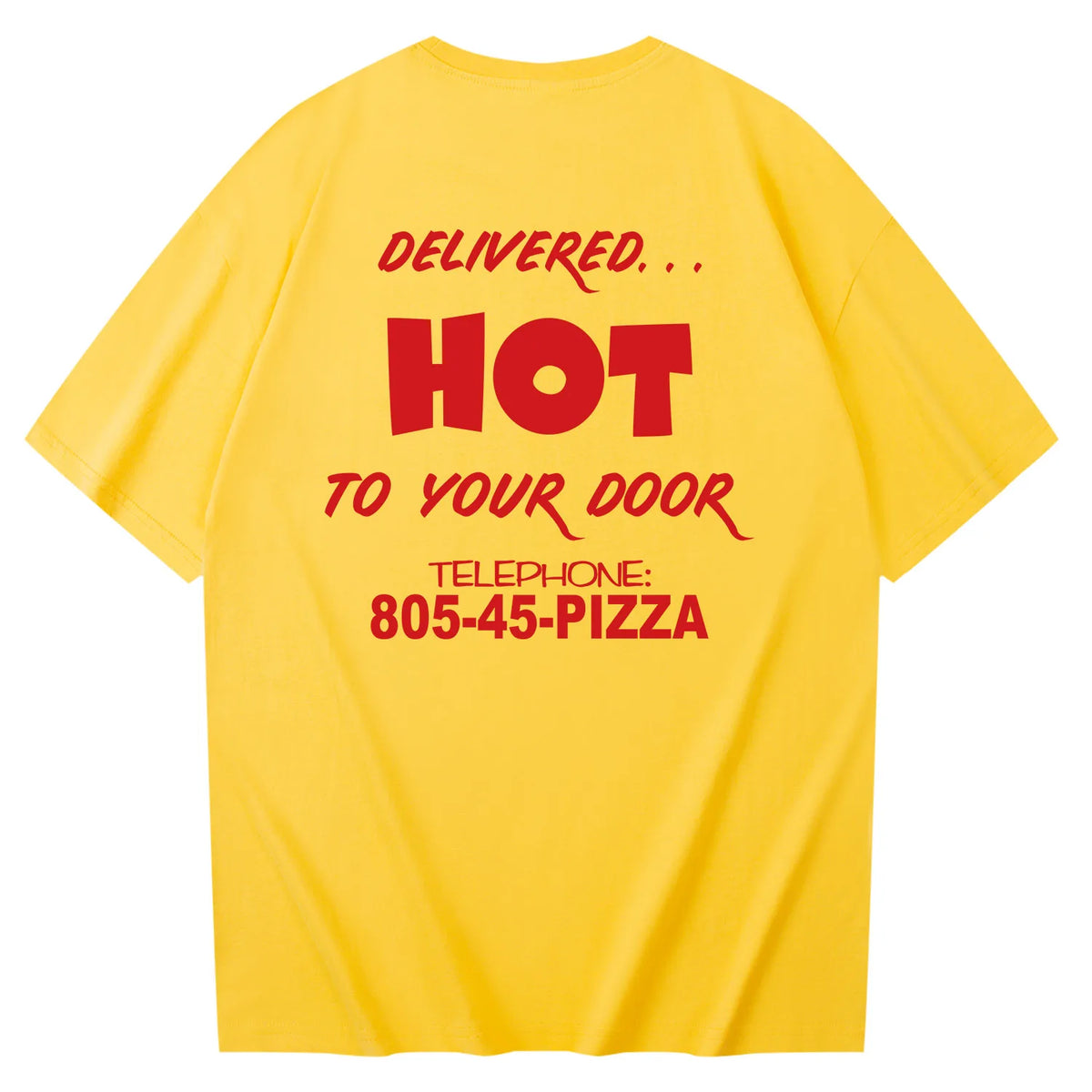 Tył koszulki Surfer Boy Pizza Stranger Things, Delivered Hot to your door i 805-45-PIZZA