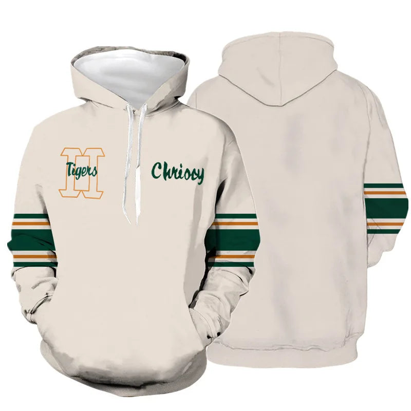 Bluza z kapturem cosplay Stranger Things Chrissy, kremowa z rękawami w paski, przód i tył