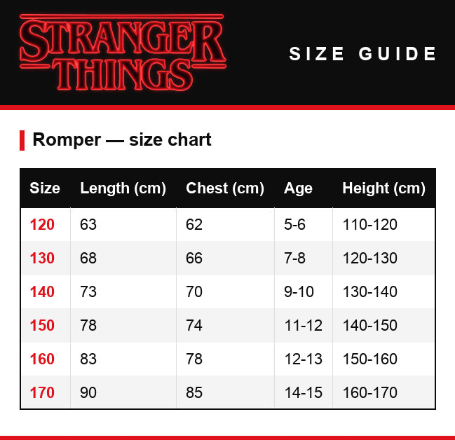 Tabela rozmiarów – Kombinezon krótki Stranger Things Jedenastka sezon 3