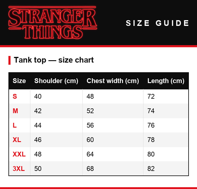 Tabela rozmiarów – Koszulka na ramiączkach Stranger Things Mighty Hawkins Rangers