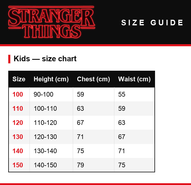 Tabela rozmiarów – Strój dziecięcy Stranger Things Nancy Wheeler sweter w paski