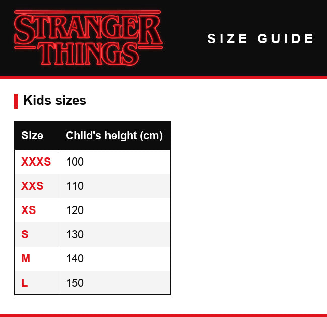 Tabela rozmiarów – T-shirt dziecięcy zielony Stranger Things Will Power