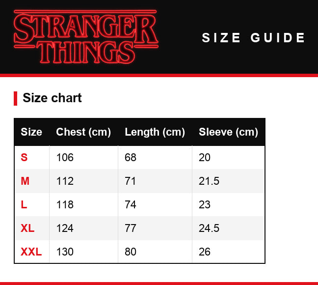 Tabela rozmiarów – T-shirt męski sprany Stranger Things Hawkins Demogorgon Run