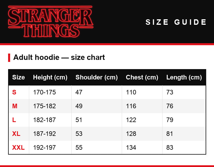 Tabela rozmiarów – Bluza z kapturem Stranger Things Stranger Kittens
