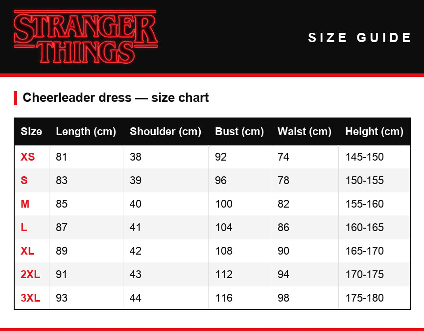 Tabela rozmiarów – Sukienka cheerleaderki Stranger Things Hawkins High