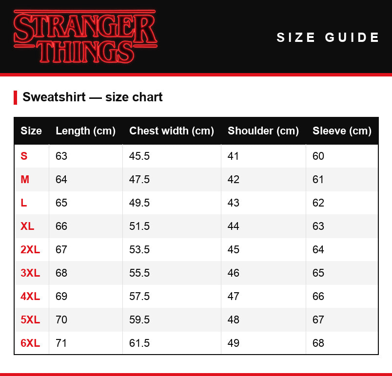 Tabela rozmiarów – Bluza oversize Stranger Things Hawkins Strange School 1983