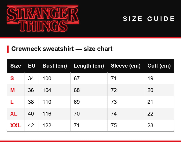 Tabela rozmiarów – Bluza z okrągłym dekoltem Stranger Things The Upside Down kultowe przedmioty