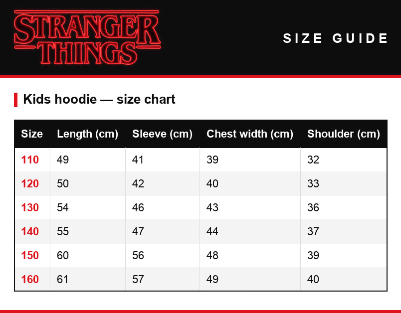 Tabela rozmiarów – Bluza z kapturem dziecięca Stranger Things Running Up That Hill