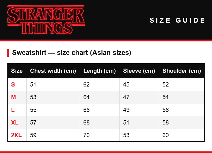 Tabela rozmiarów – Bluza Stranger Things Hawkins Middle School męski