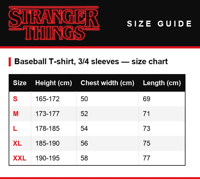 Tabela rozmiarów – T-shirt męski bejsbolówka rękaw 3/4 Stranger Things Mike Wheeler