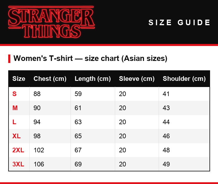 Tabela rozmiarów – T-shirt damski Stranger Things Hawkins High School tygrys 1983
