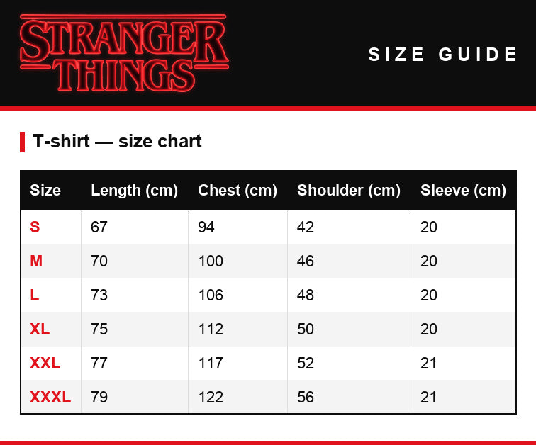 Tabela rozmiarów – T-shirt damski Stranger Things Hawkins Strange School 1983