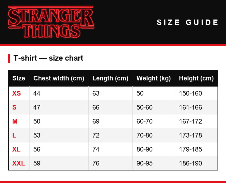 Tabela rozmiarów – T-shirt męski Stranger Things Running Up That Hill