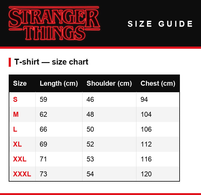 Tabela rozmiarów – Bluza z kapturem Stranger Things Hawkins Strange School 1983
