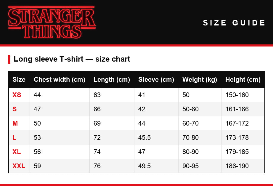 Tabela rozmiarów – T-shirt męski Stranger Things WSQK The Squawk