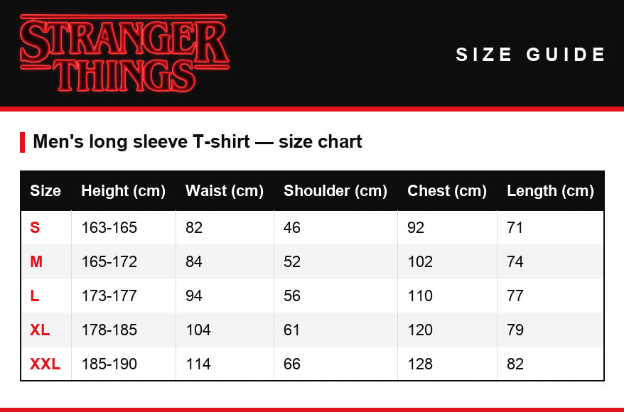 Tabela rozmiarów – T-shirt męski z długim rękawem Stranger Things szkic Demogorgona