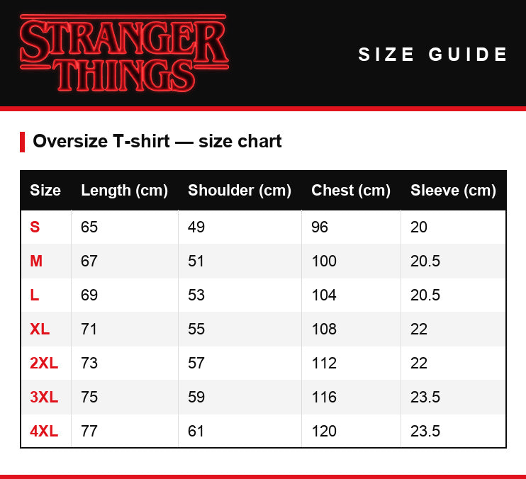 Tabela rozmiarów – T-shirt damski oversize Stranger Things Harrington Babysitting Services