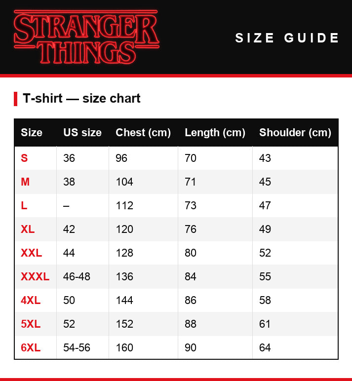 Tabela rozmiarów – T-shirt męski Stranger Things Eddie Munson lightning